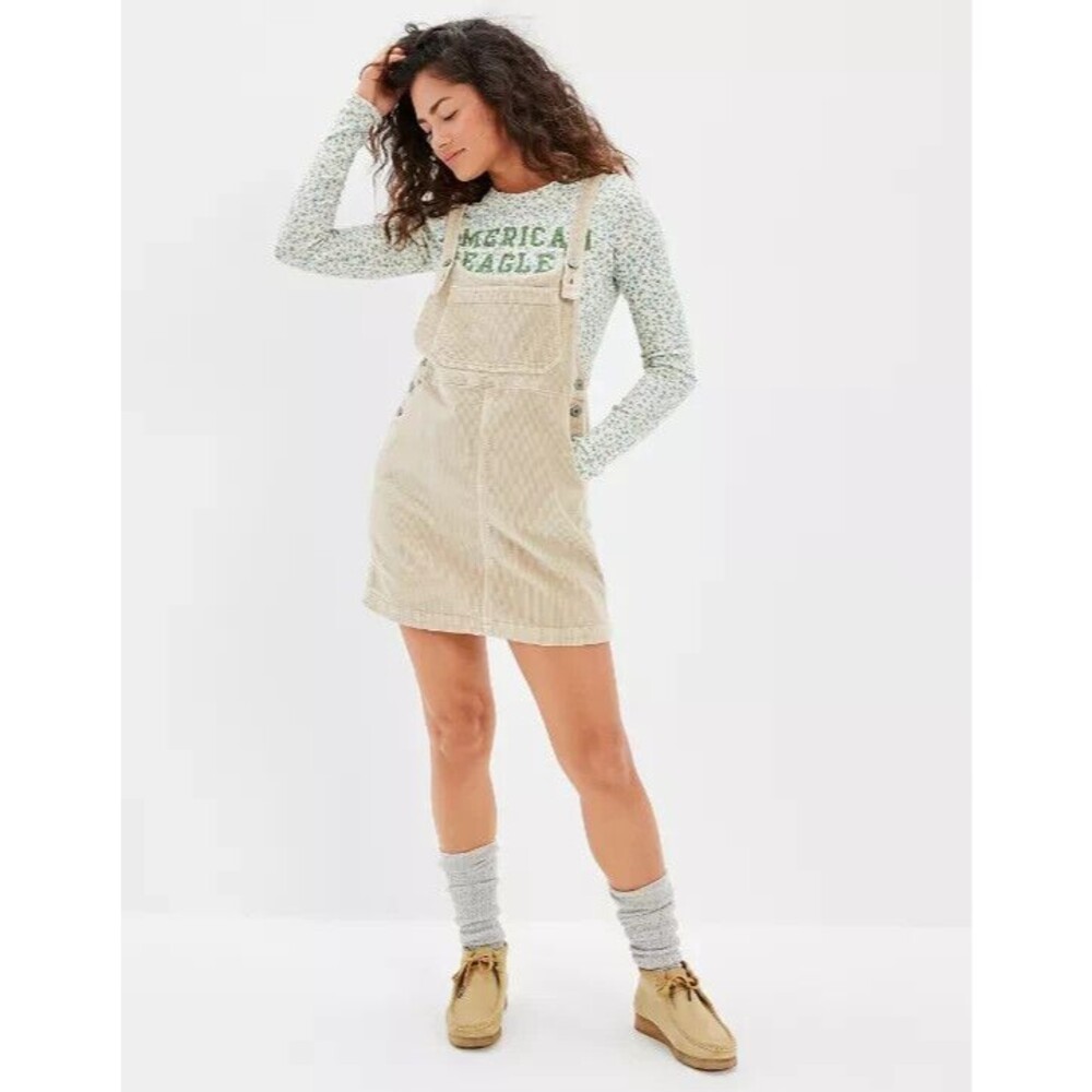 AMERICAN EAGLE Daisy Corduroy Mini Overall Dress XS Khaki Beige Pocket B34